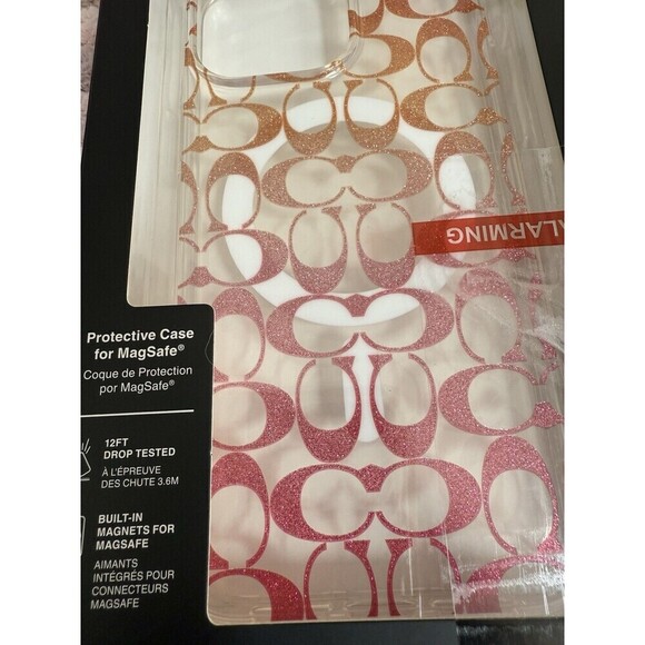 Coach iPhone 15 Pro Max MagSafe Protective Case Signature C  Pink Sparkle Ombré - Picture 3 of 4